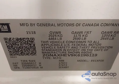 2019 Chevrolet Equinox Ls из США, поврежденный, VIN 2GNAXHEV9K6196119